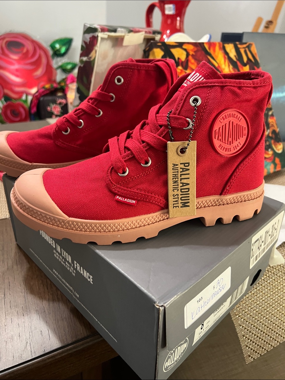 Palladium Red Canvas High-Top Boots with Tan Sole